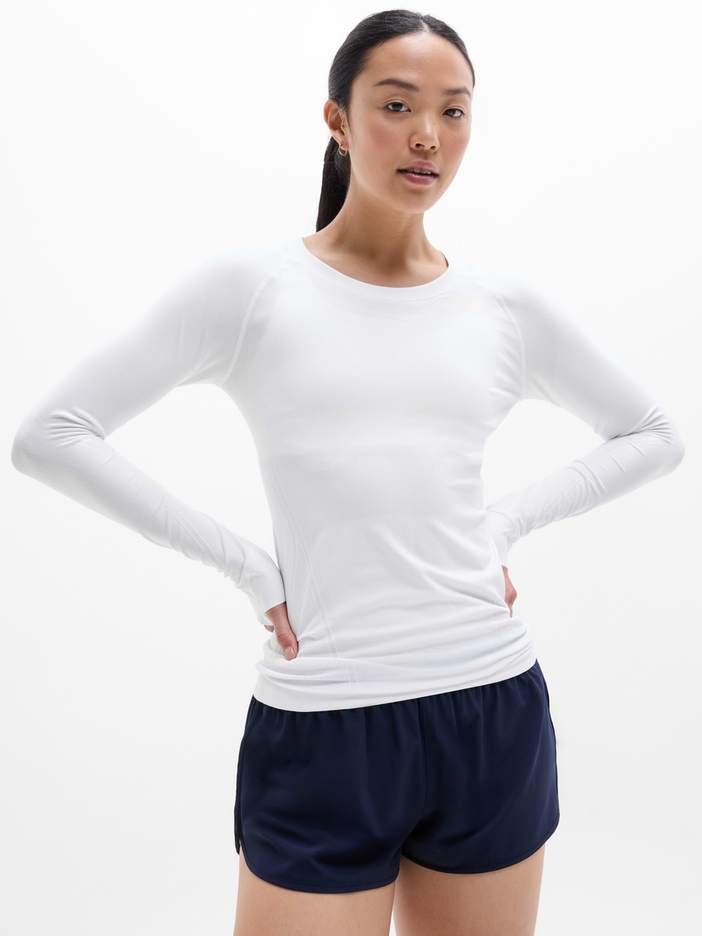 Athleta Momentum Womens White Long Sleeve Performance Seamless Sports Tee Sz Sm